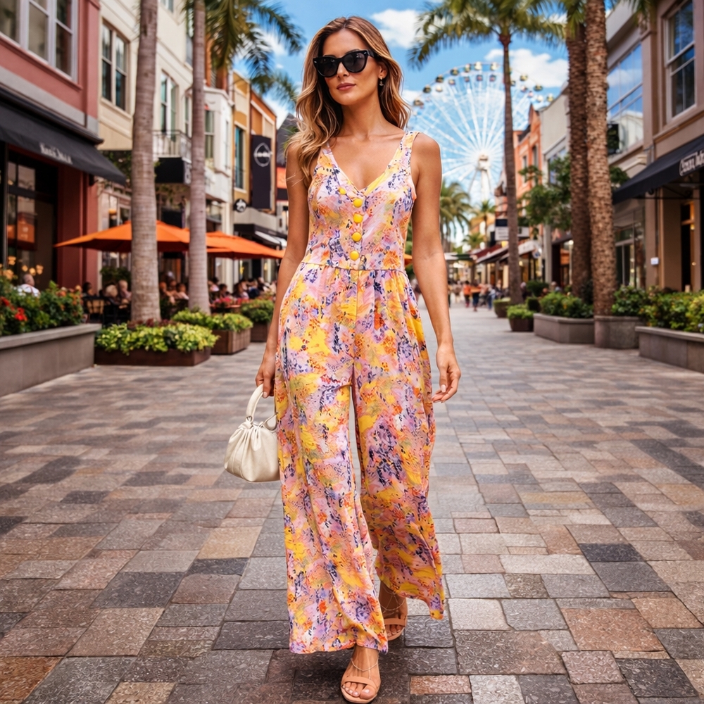 NWT Noisy May 100% Viscose Abstract Print Wide Leg Jumpsuit Yellow Pink